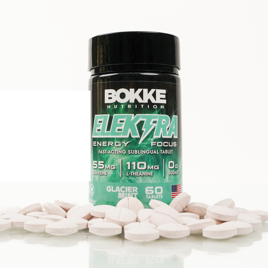 Bokke Nutrition Elektra supplement bottle with tablets on a white background